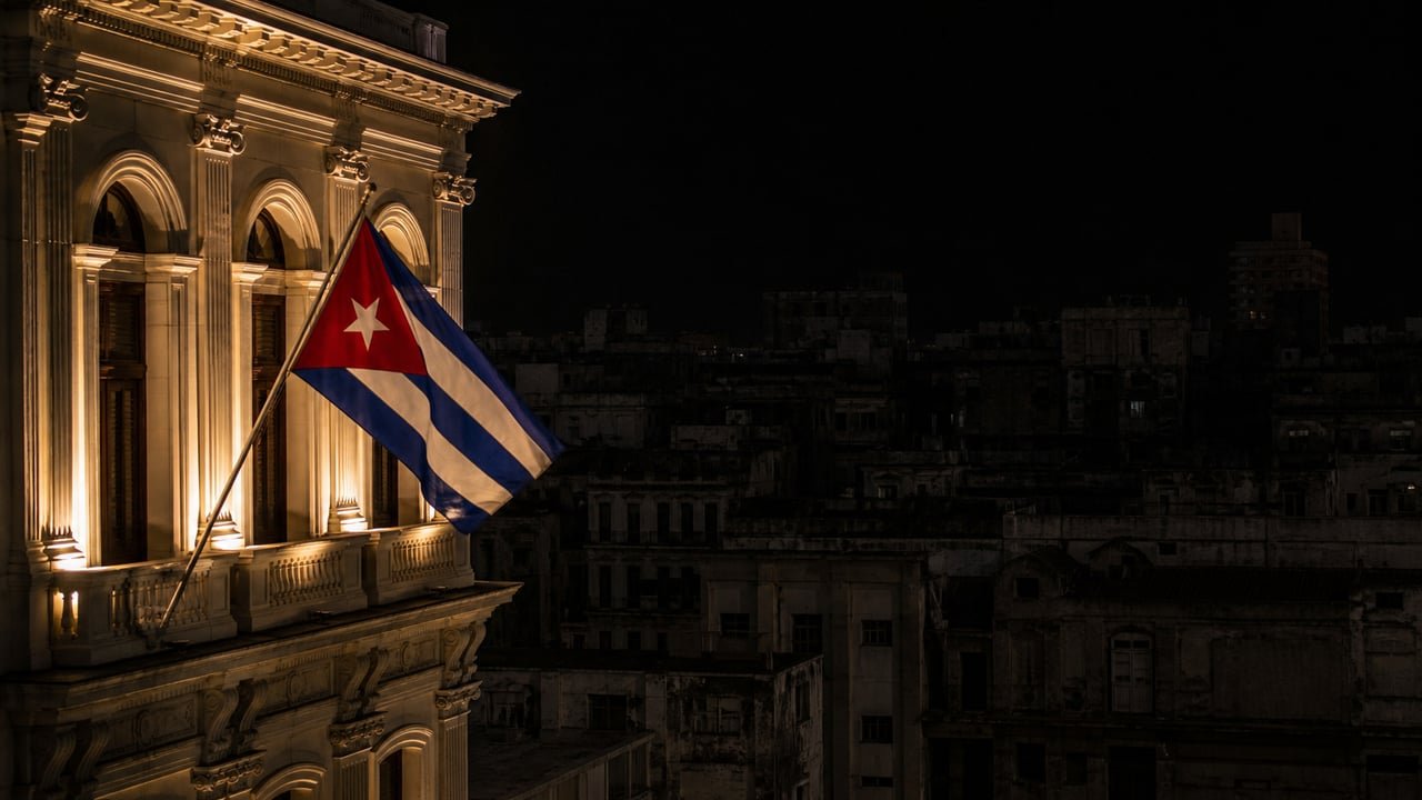 Contraste entre un edificio oficial iluminado y un barrio a oscuras por los apagones en Cuba durante el centenario de Fidel Castro
