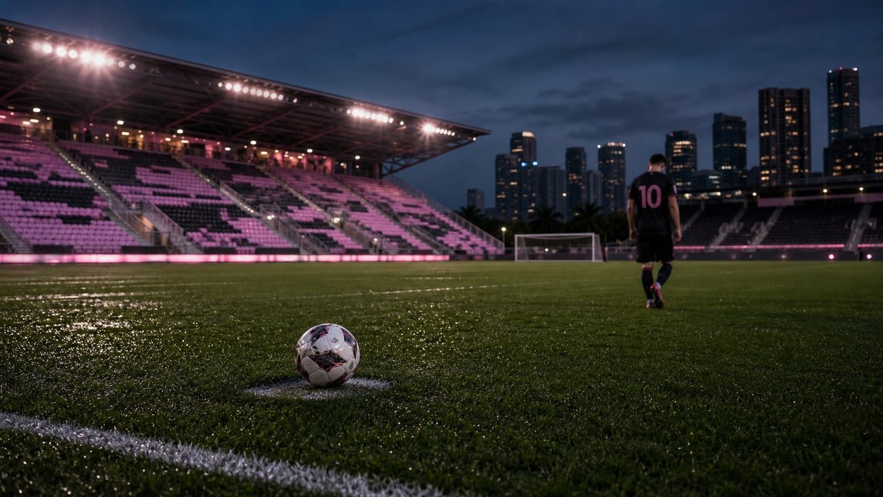 Balón junto al punto de penalti en un estadio de la MLS iluminado en rosa y negro, símbolo de la incertidumbre sobre el futuro de Messi en el Inter Miami