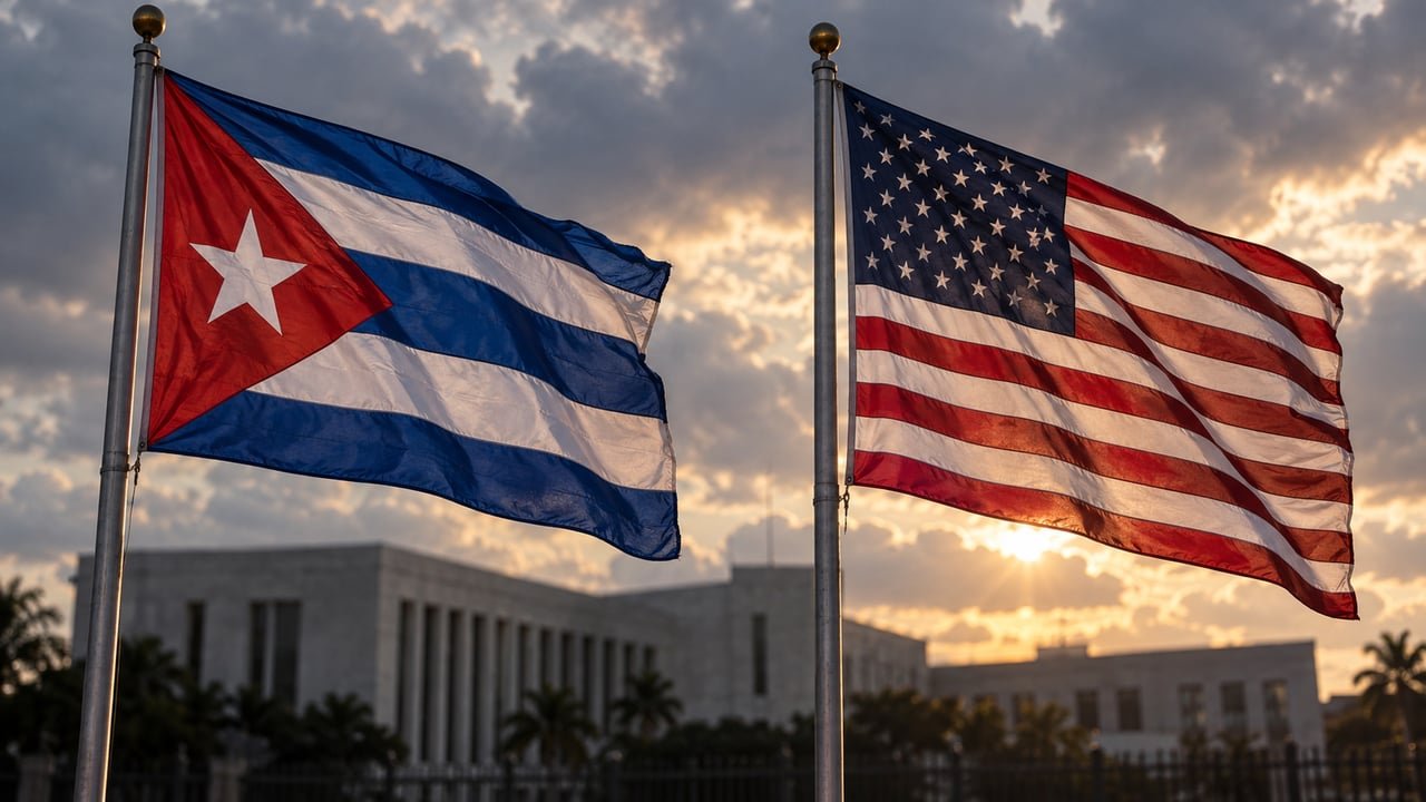 Banderas de Cuba y Estados Unidos en tensión frente a un edificio institucional, símbolo del choque diplomático entre Rubio y Bruno Rodríguez en la ONU