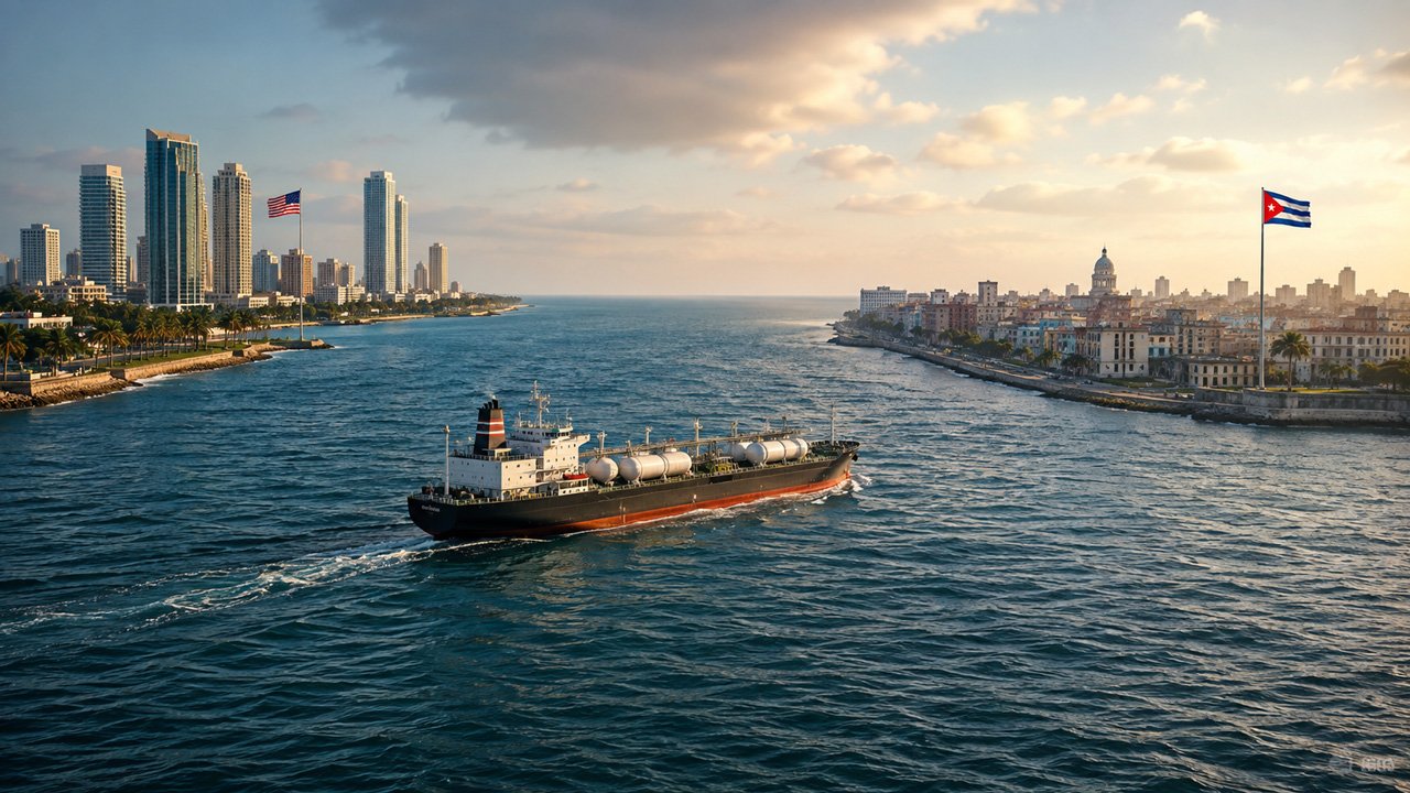 Camión cisterna de combustible junto a banderas de Cuba y Estados Unidos en un puerto, símbolo del comercio de combustible entre ambos países en 2026
