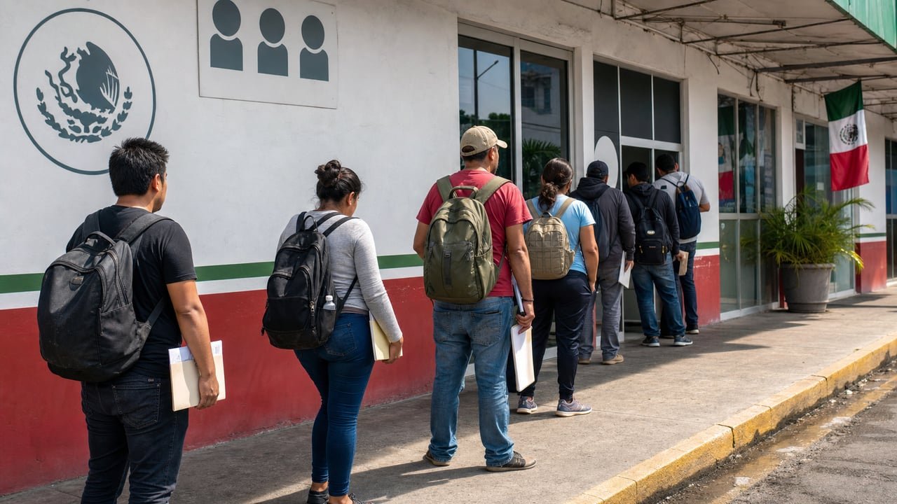 Cubanos atrapados en Tapachula hacen fila ante una oficina migratoria para resolver su trámite humanitario
