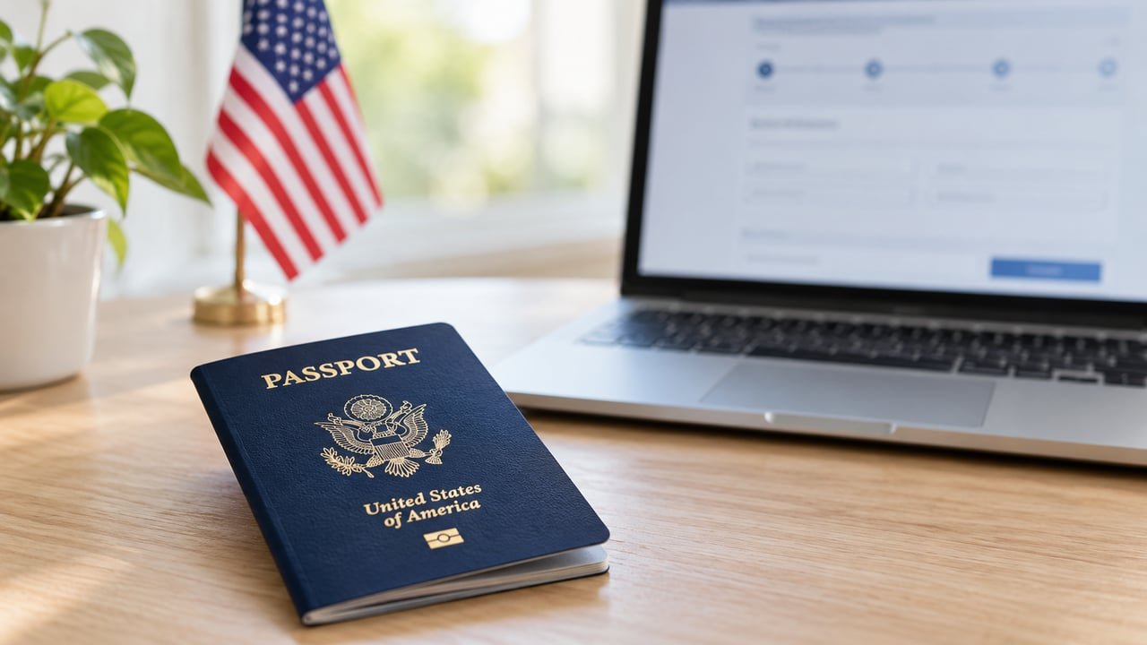 Pasaporte estadounidense junto a un portátil con el nuevo trámite en línea anunciado por el Departamento de Estado