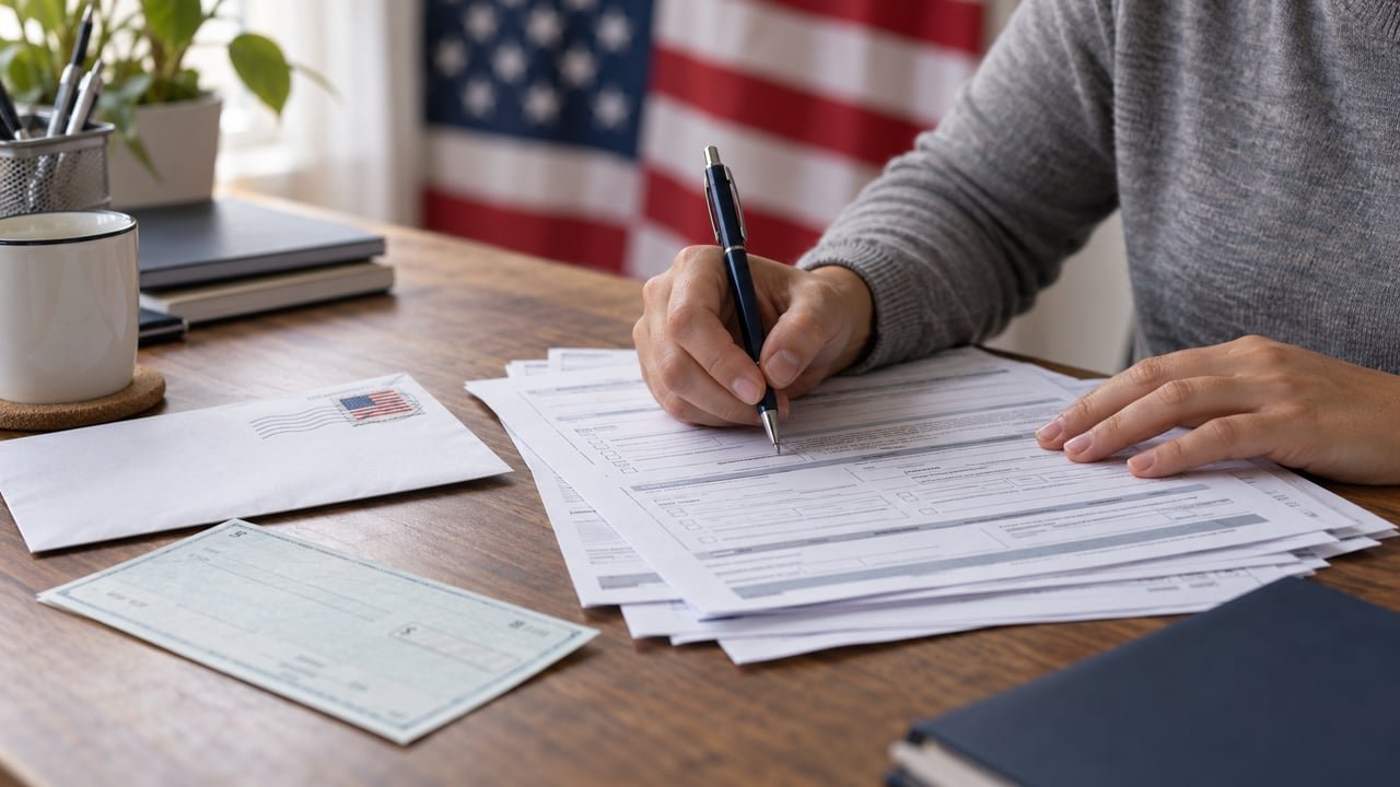 Formularios de inmigración y un cheque de pago junto a la bandera de Estados Unidos, que ilustran las nuevas tarifas de USCIS desde octubre de 2026