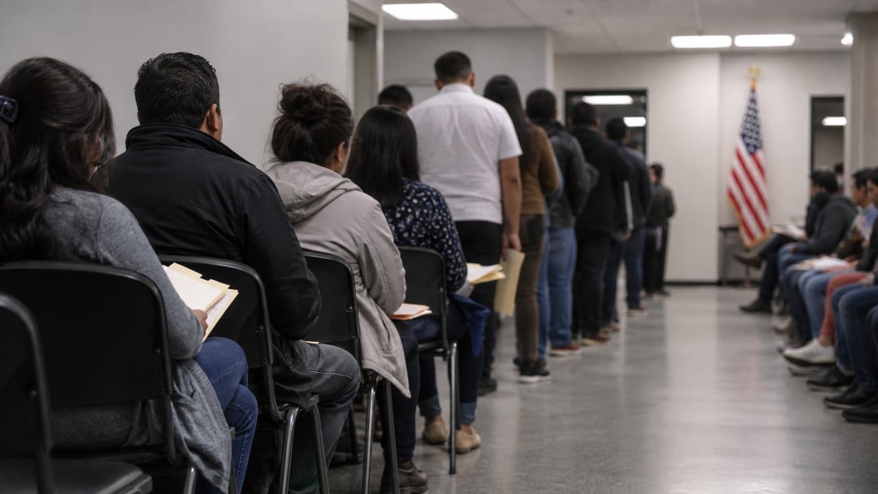 Sala de espera abarrotada de un tribunal de inmigración en Estados Unidos durante una megaaudiencia migratoria