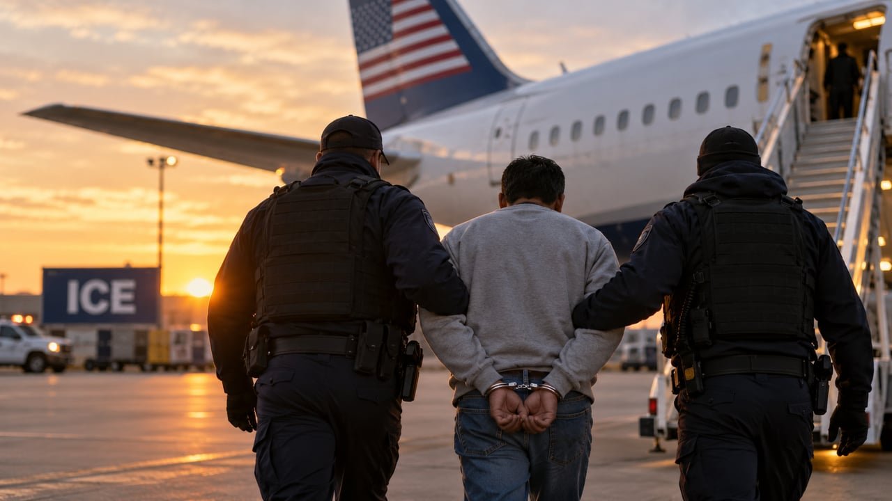 Cubano esposado escoltado hacia un avión de deportación a terceros países