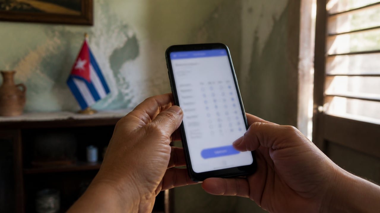 Manos de un cubano respondiendo una encuesta digital anónima de Cubadata en su teléfono, con la bandera de Cuba desenfocada al fondo, sobre el miedo a opinar del régimen
