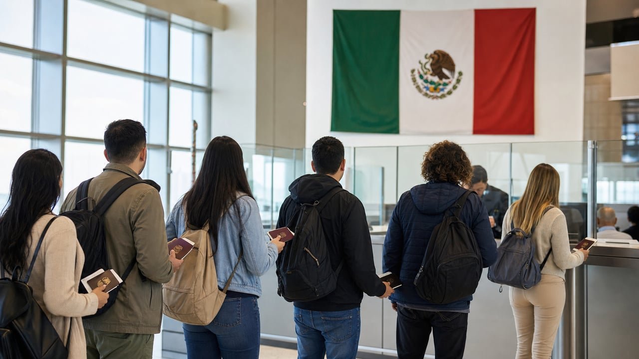 Viajeros con pasaporte en el control migratorio de un aeropuerto de México, ante las nuevas tarifas y requisitos de visa del INM 2026