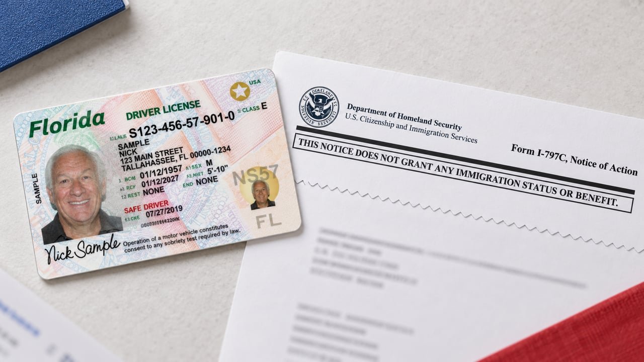 Licencia de conducir de Florida junto a un formulario I-797 de USCIS para el Ajuste Cubano