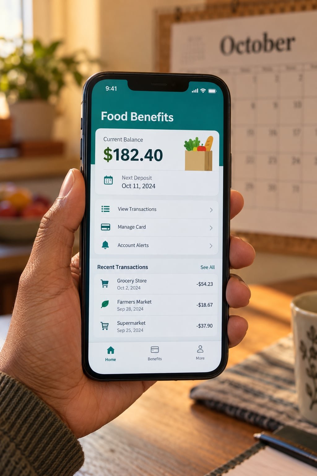 Persona consultando el saldo de beneficios SNAP en una aplicación móvil con un calendario de octubre de fondo