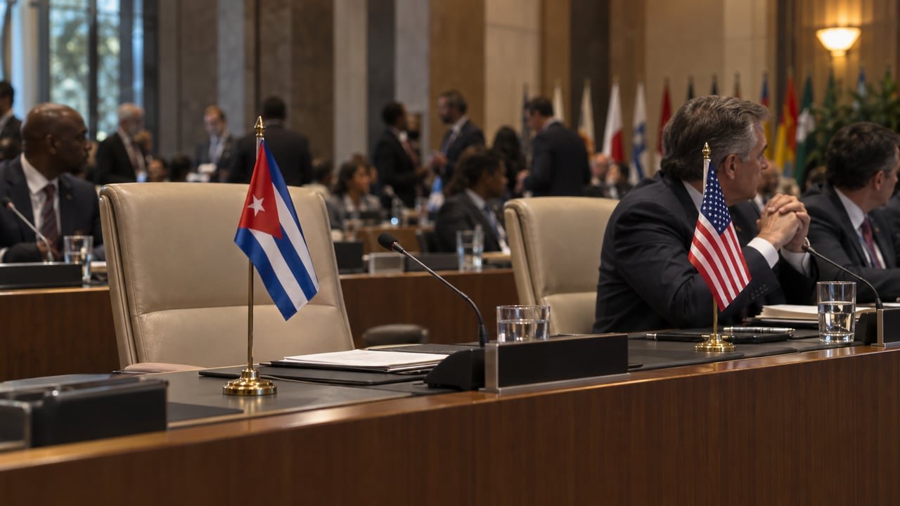Sala de asamblea diplomática con banderas de mesa de Cuba y Estados Unidos y un asiento vacío, en alusión al discurso de Trump sobre Cuba en la ONU