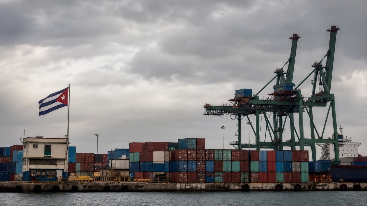 Contenedores apilados en un puerto cubano bajo bandera de Cuba, símbolo del impacto de la salida de PSA International y las sanciones al Mariel en el transporte marítimo