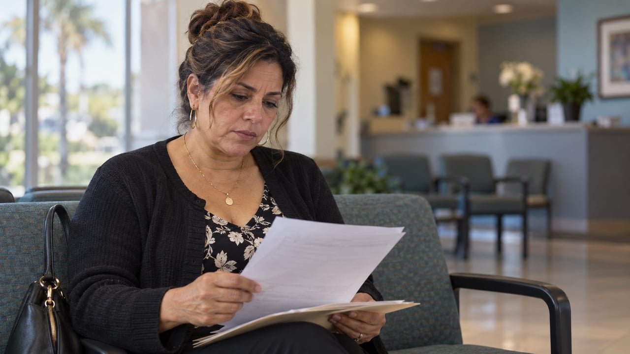 Madre cubanoamericana revisa documentos de Medicaid en una clínica de salud mental en Florida