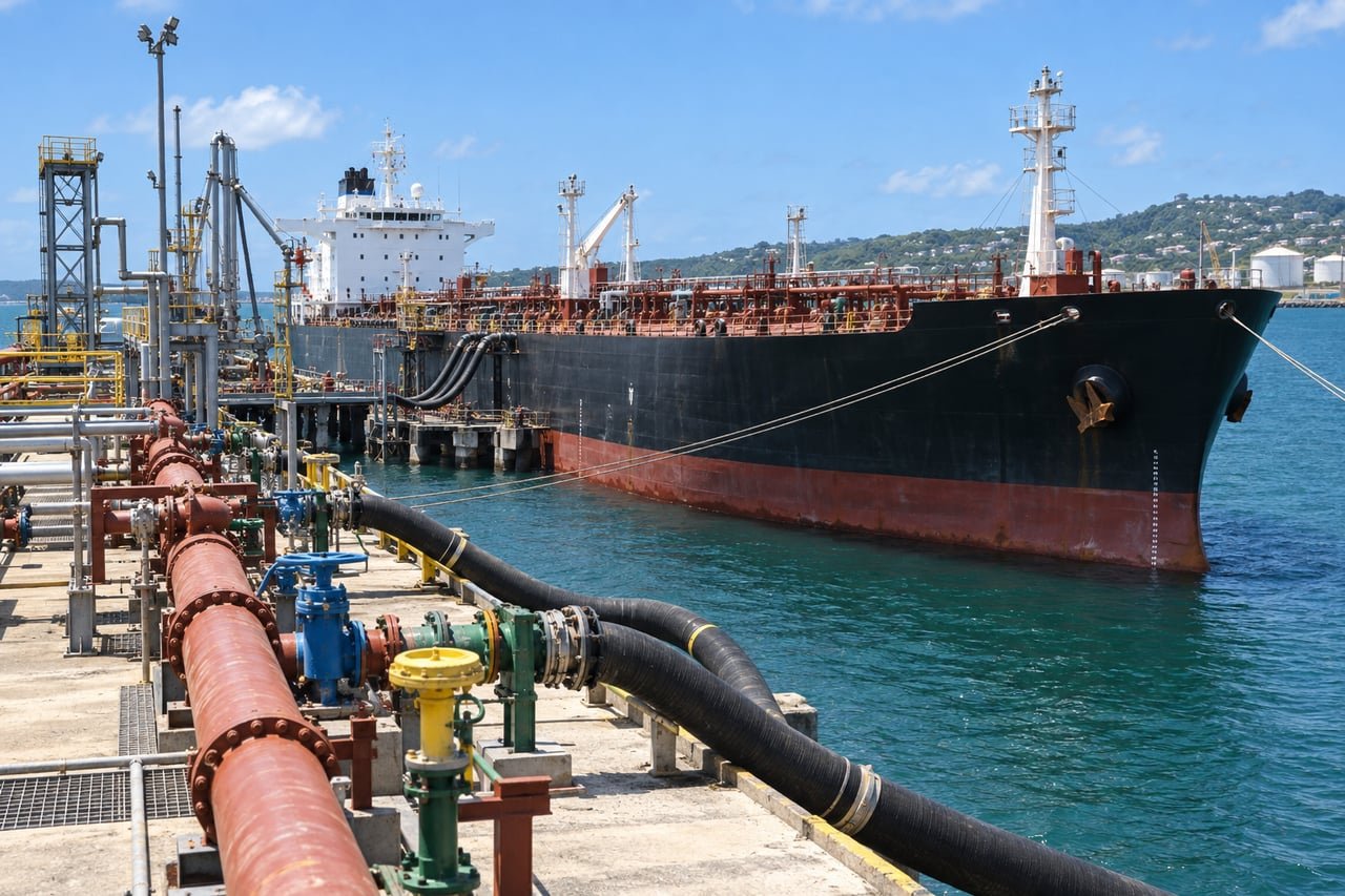 Buque tanquero de combustible descargando carga en un puerto caribeño mediante tuberías de trasiego