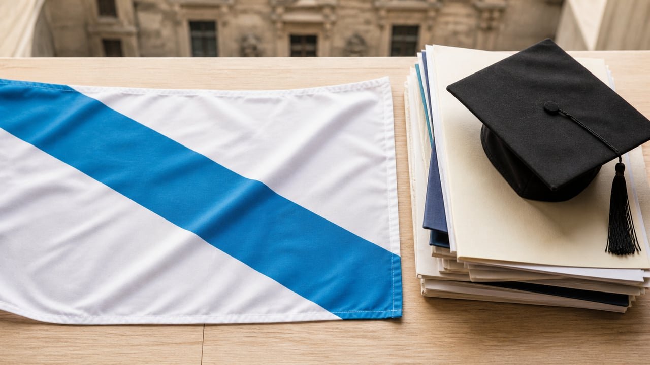 Bandera de Galicia con documentos académicos y birrete para solicitar las becas BEME Galicia para cubanos
