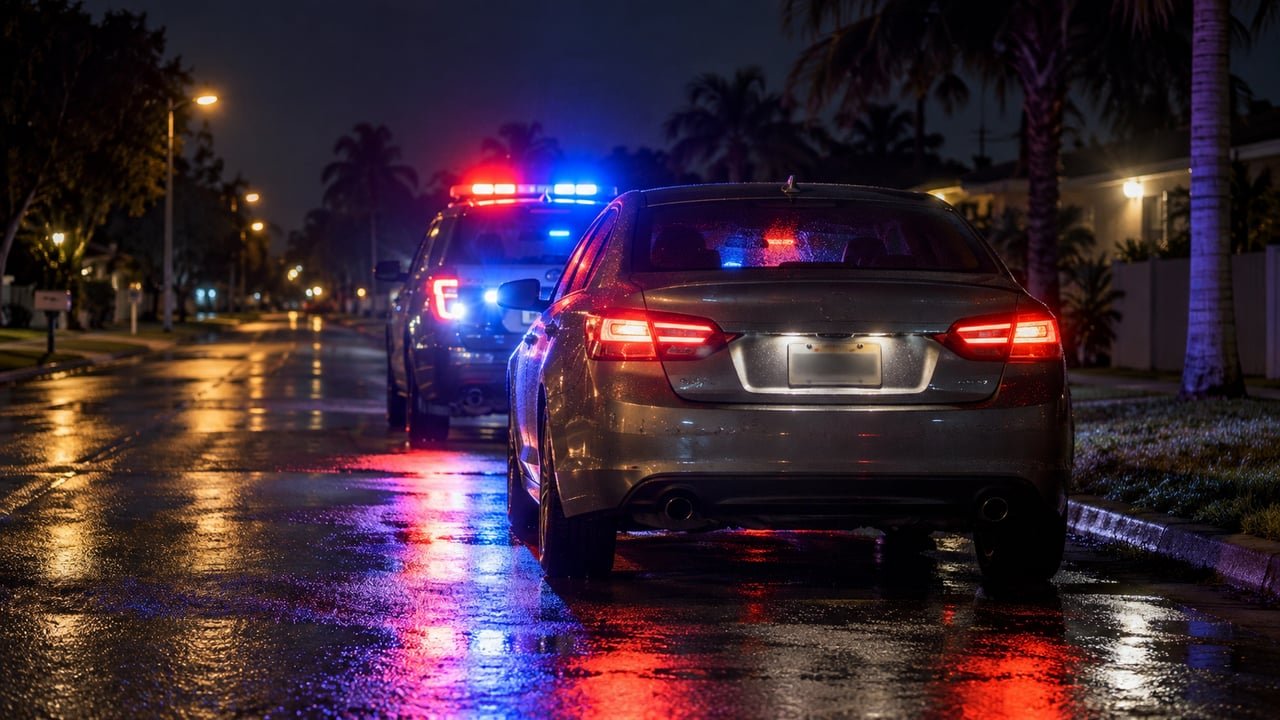 Placa de un carro iluminada por las luces de un patrullero durante una parada de tránsito nocturna en Florida, la escena que ilustra qué datos puede consultar la policía o ICE al revisar una placa o una licencia de conducir