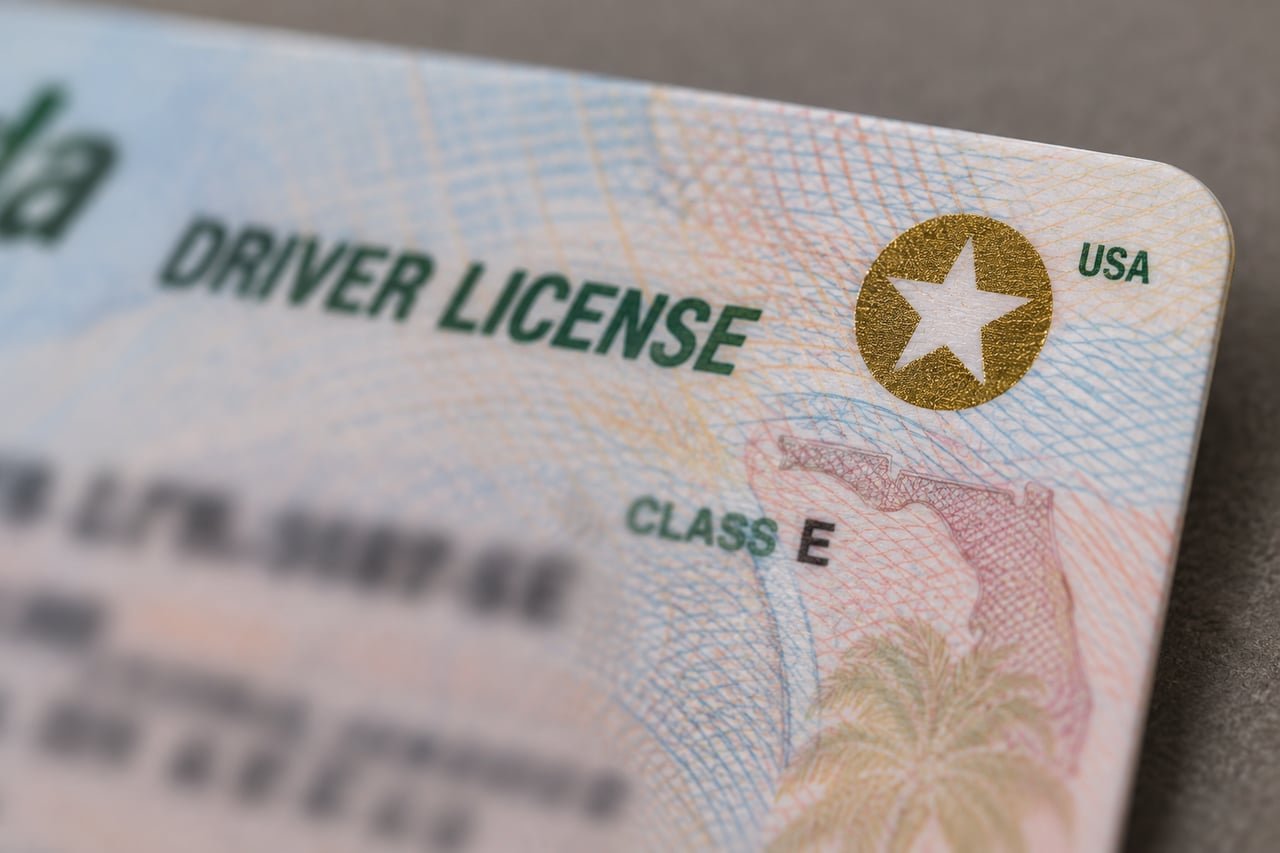 Estrella dorada REAL ID en la esquina superior de una licencia de conducir de Florida