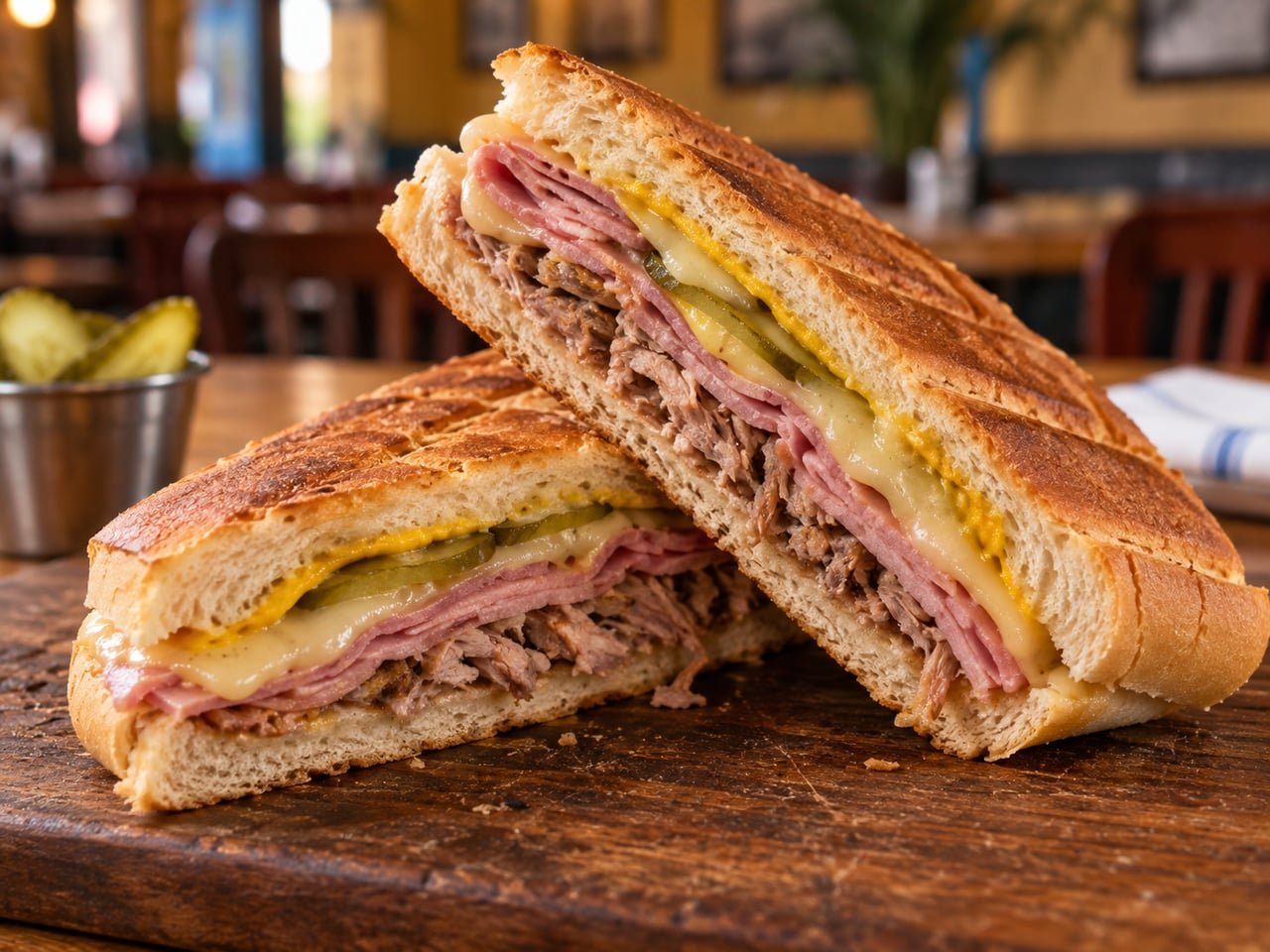Sándwich cubano prensado cortado en diagonal mostrando sus capas de jamón, cerdo asado y queso suizo