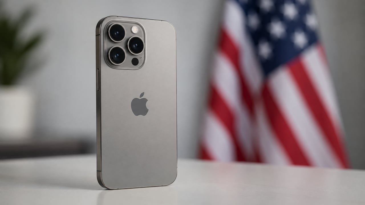 iPhone con el logotipo de Apple junto a una bandera de Estados Unidos, ilustrando cómo reclamar dinero del acuerdo de Apple por Siri