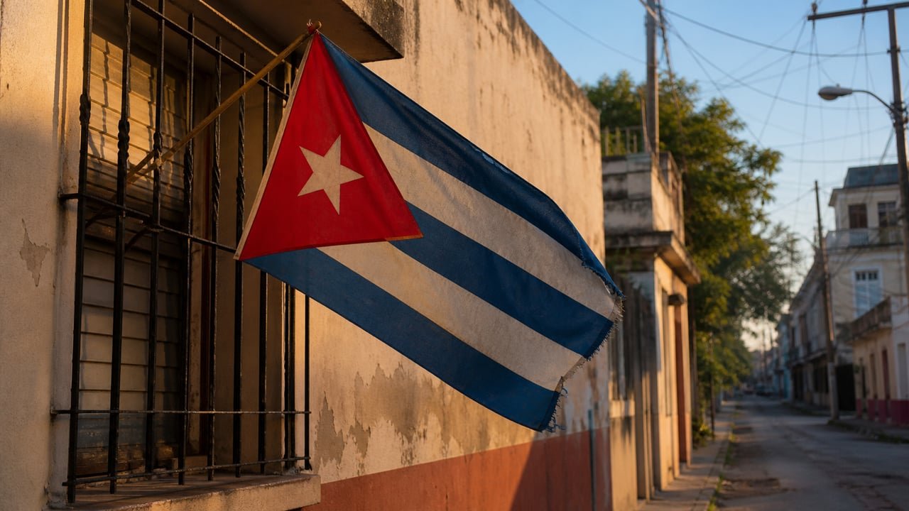 Bandera cubana junto a una ventana enrejada en La Habana, símbolo de las protestas del 11J y los presos políticos cinco años después.