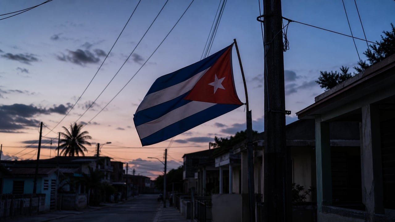 Barrio cubano a oscuras por un apagón junto a una bandera de Cuba, contraste con la 'utopía' de Díaz-Canel