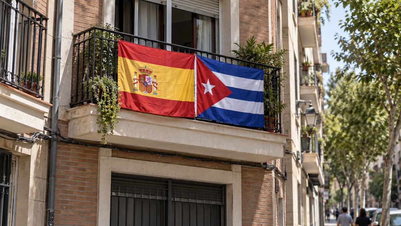 Banderas de Cuba y España juntas en un balcón, símbolo del crecimiento de la comunidad cubana en España