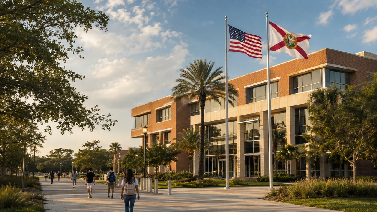 Campus de una universidad pública de Florida con las banderas de Estados Unidos y Florida, símbolo de la nueva restricción a estudiantes sin estatus legal