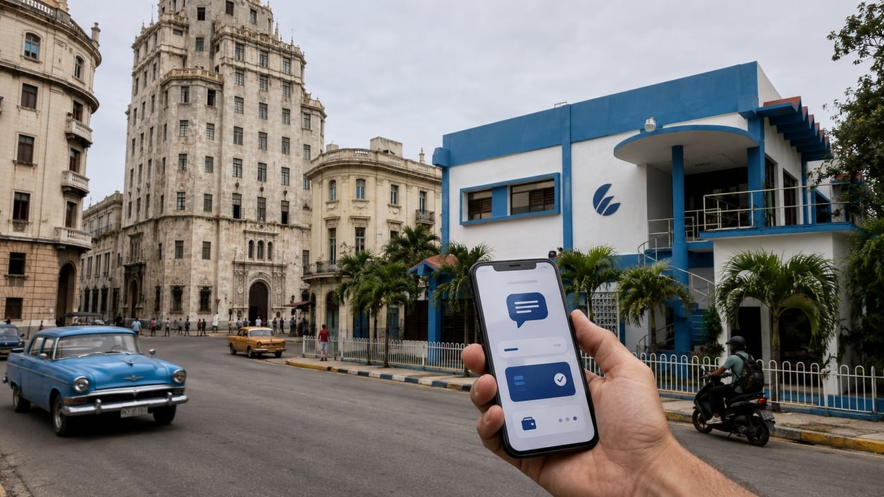 Edificio de ETECSA en La Habana junto a un teléfono móvil con app de pagos, tras el restablecimiento del SMS y Transfermóvil en Cuba