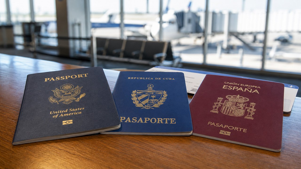 Pasaporte estadounidense sobre un mostrador de aeropuerto, el documento obligatorio para cubanos con doble nacionalidad al entrar y salir de EE. UU.