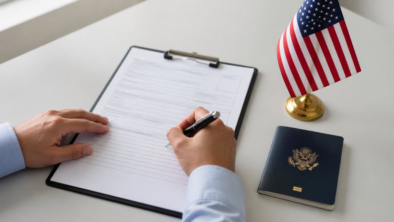 Formulario de asilo político I-589 sobre un escritorio junto a un pasaporte cubano y una bandera de Estados Unidos