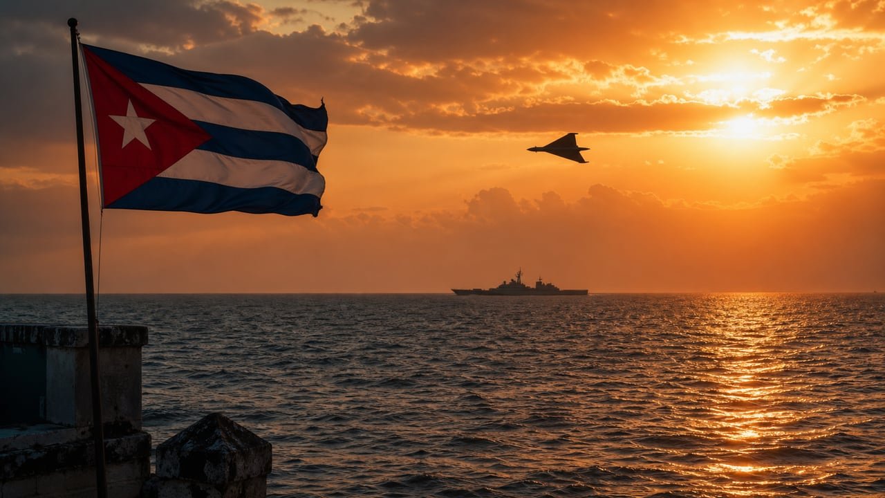 Drones iraníes en Cuba: silueta de un dron militar sobrevolando la costa cubana junto a la bandera de Cuba