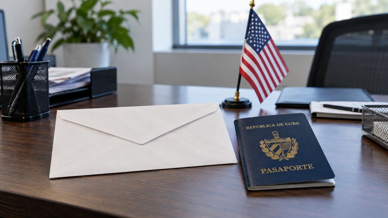 Sobre oficial migratorio y pasaporte cubano sobre un escritorio, símbolo del nuevo plazo para el estatus de refugiado en EE. UU.