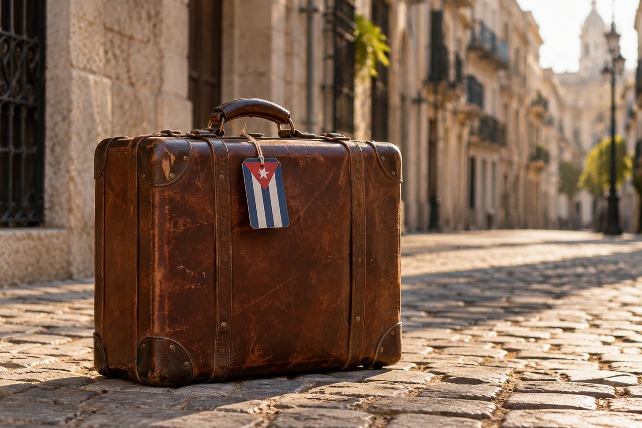 Maleta de viaje con etiqueta de bandera cubana sobre calle empedrada española, símbolo de la migración cubana