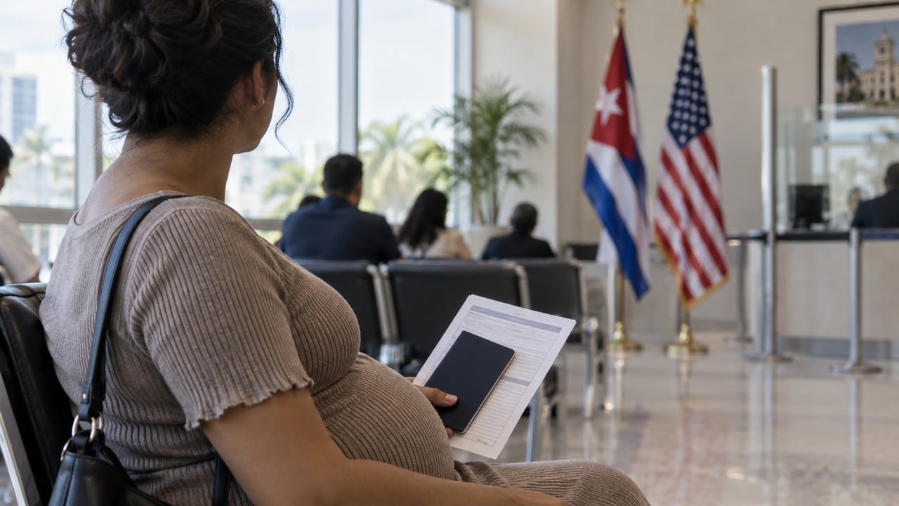 Mujer embarazada cubana con pasaporte y visa frente a banderas de Cuba y Estados Unidos, por la nueva restricción de visas por turismo de nacimiento