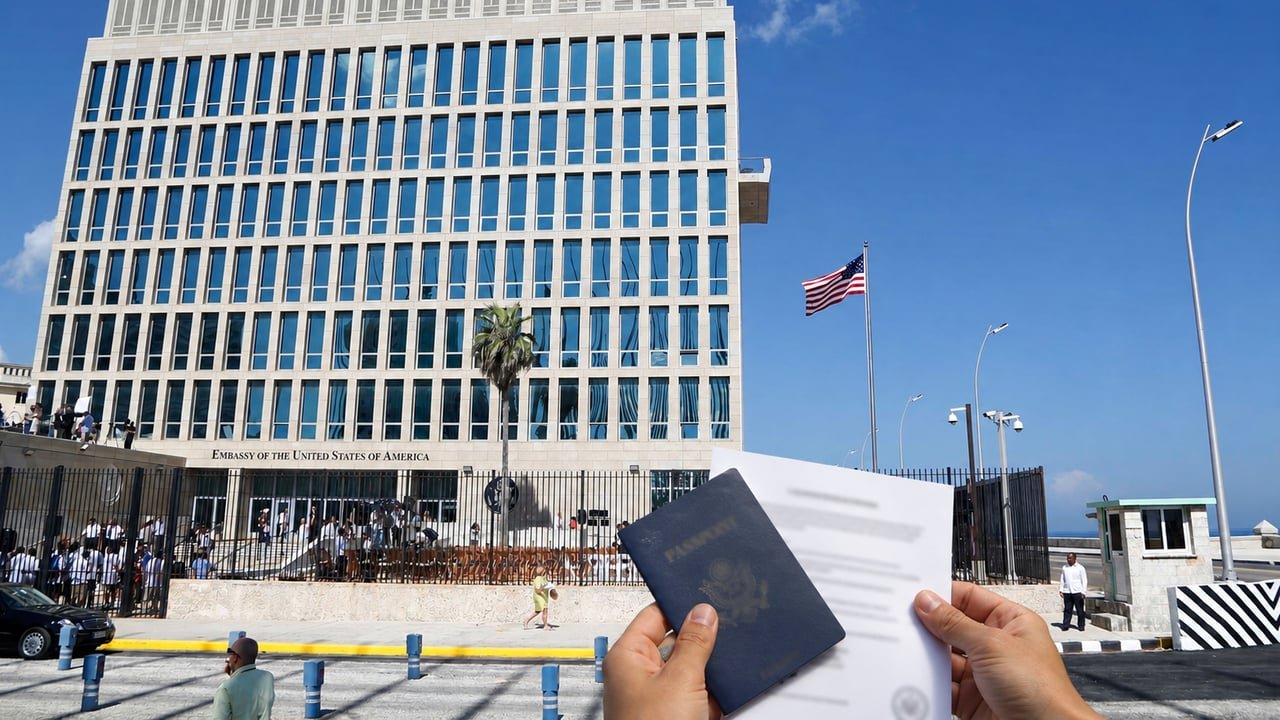 Fachada de la Embajada de Estados Unidos en La Habana con un pasaporte cubano y una carta de cita, por la pausa de entrevistas de visa de inmigrante