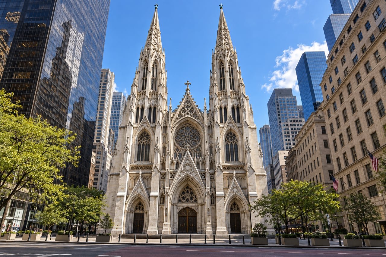 Fachada neogótica de la Catedral de San Patricio en la Quinta Avenida de Nueva York