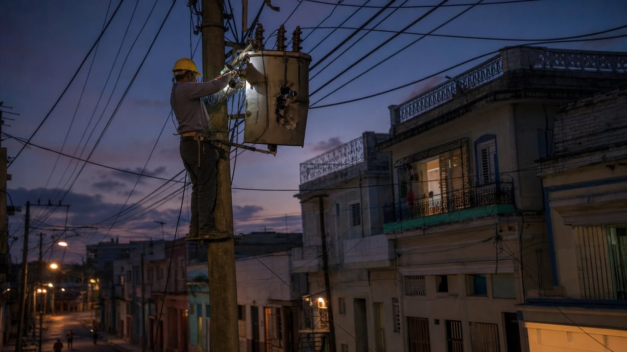 Liniero repara un transformador dañado en un poste eléctrico de La Habana durante un corte de luz