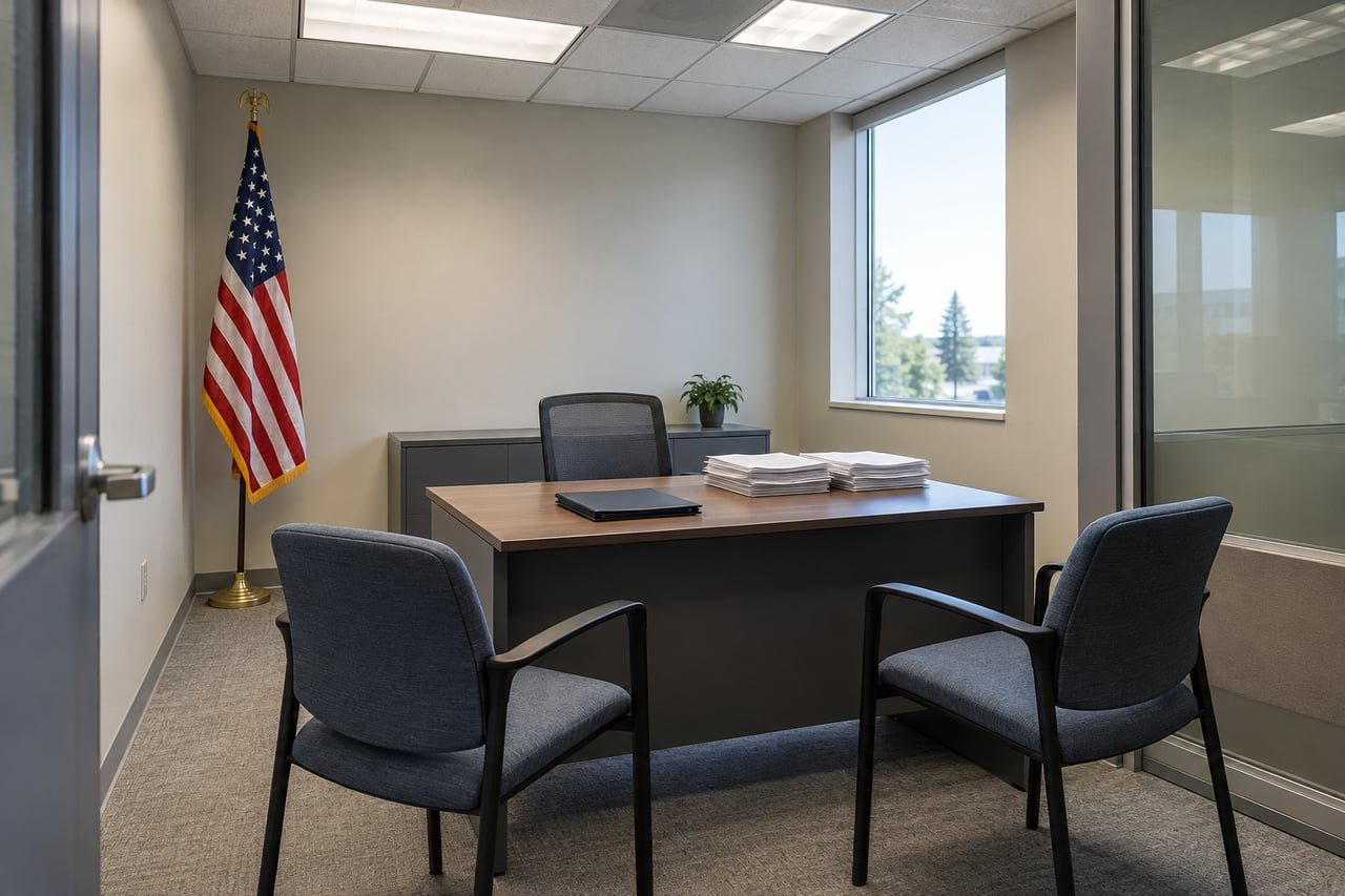 Sala de entrevistas vacía de una oficina de inmigración de Estados Unidos con escritorio, documentos y bandera estadounidense