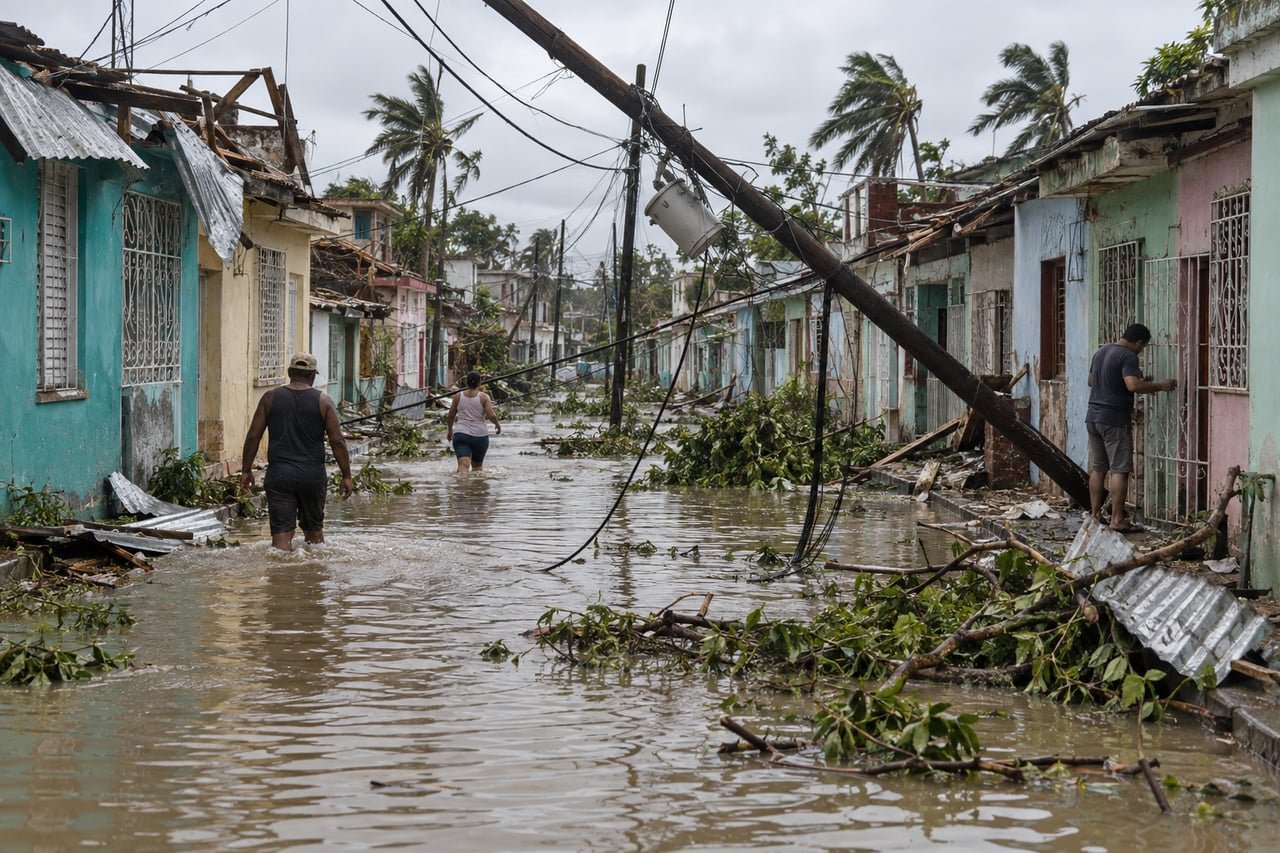 Calle inundada en Santiago de Cuba con casas dañadas tras el paso del huracán Melissa
