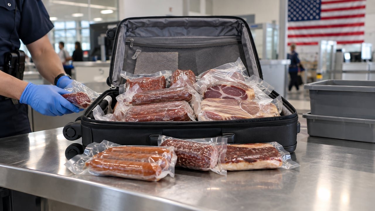 Maleta abierta con embutidos sobre una mesa de aduana en un aeropuerto de Estados Unidos, ilustrando qué declarar para no perder el Global Entry