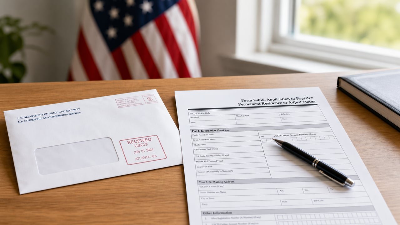 Formulario I-485 y documentos de residencia sobre una mesa con la bandera de Estados Unidos, sobre la nueva regla de carga pública y Medicaid en el trámite migratorio