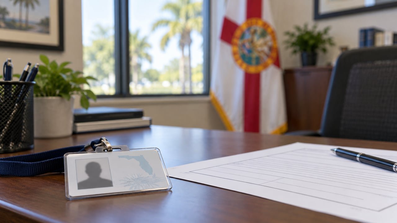 Formulario y documento de identidad sobre un escritorio con la bandera de Florida de fondo, ilustrando cómo buscar dinero sin reclamar en Florida