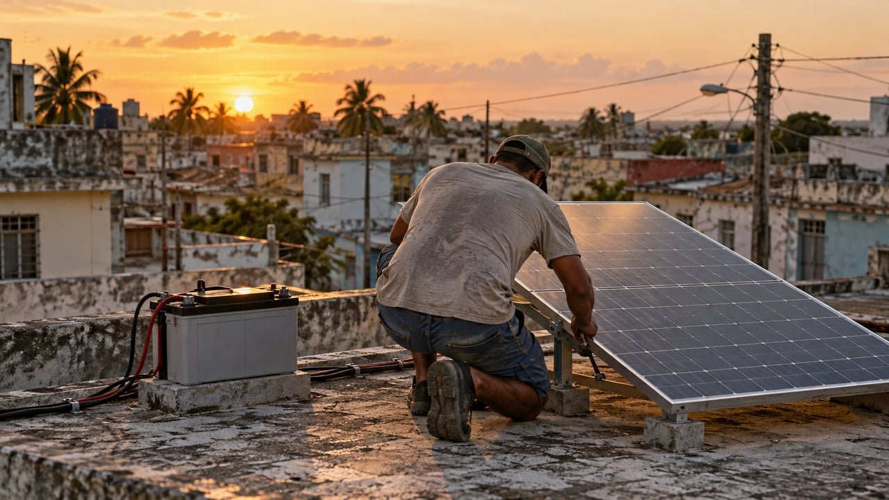 Instalación de un panel solar y una batería en el tejado de una vivienda en Cuba durante los apagones