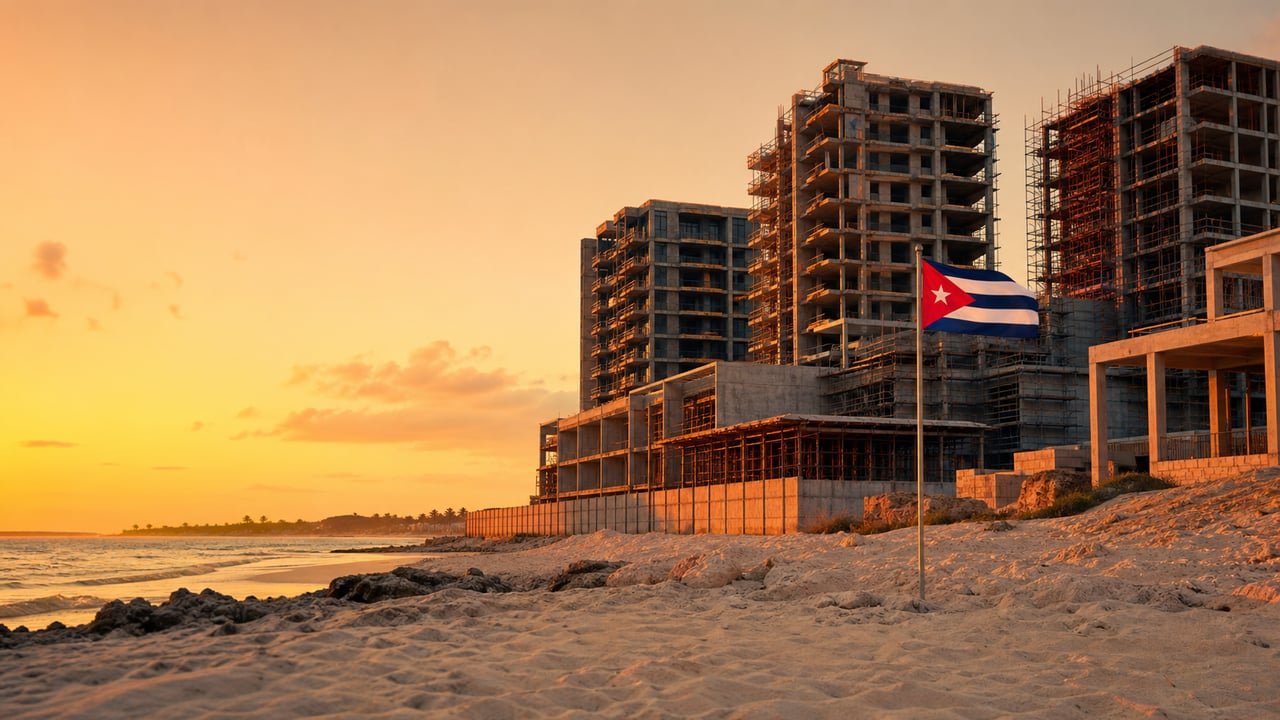 Resort de lujo en construcción en una playa cubana, símbolo del proyecto Trump Island que negocia el régimen para atraer inversión extranjera