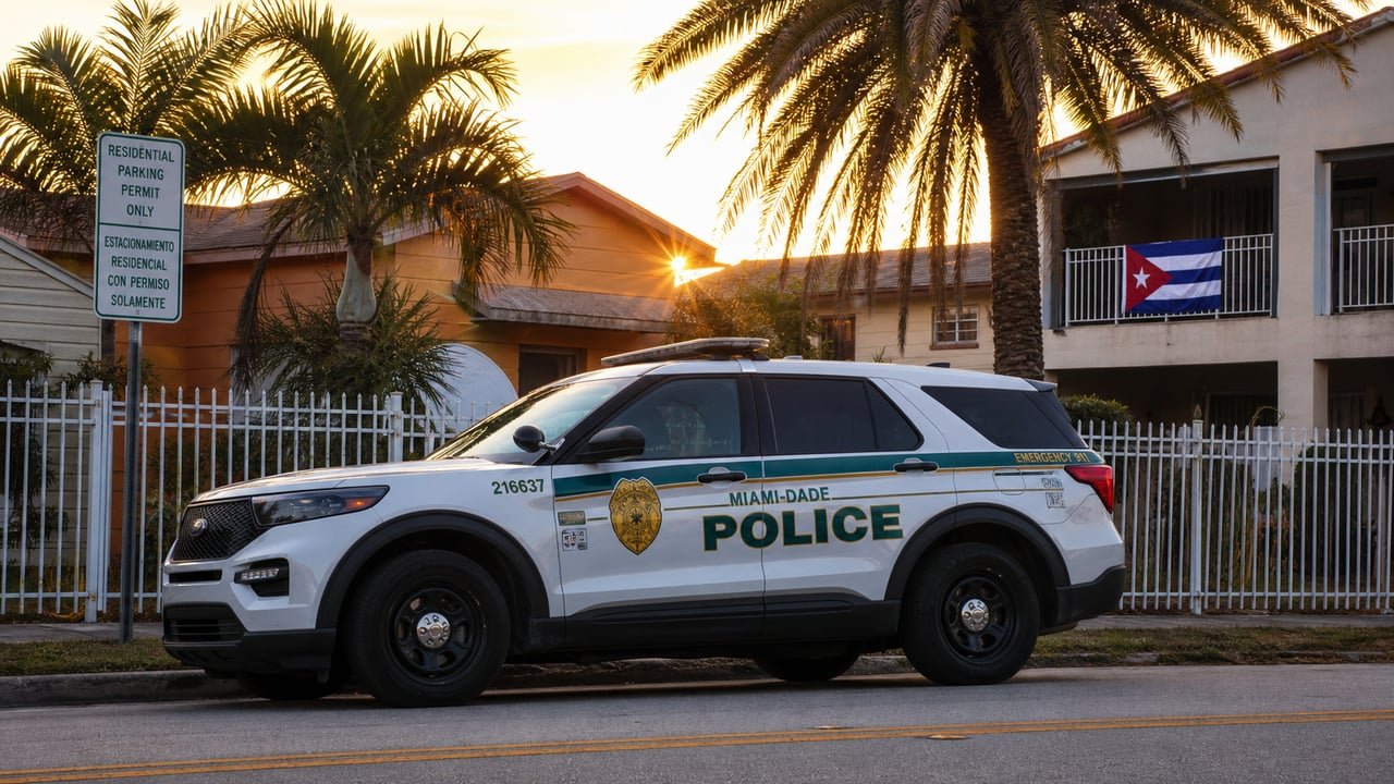 Vehículo policial en un vecindario de Miami durante el repunte de arrestos migratorios que golpea a la comunidad cubana