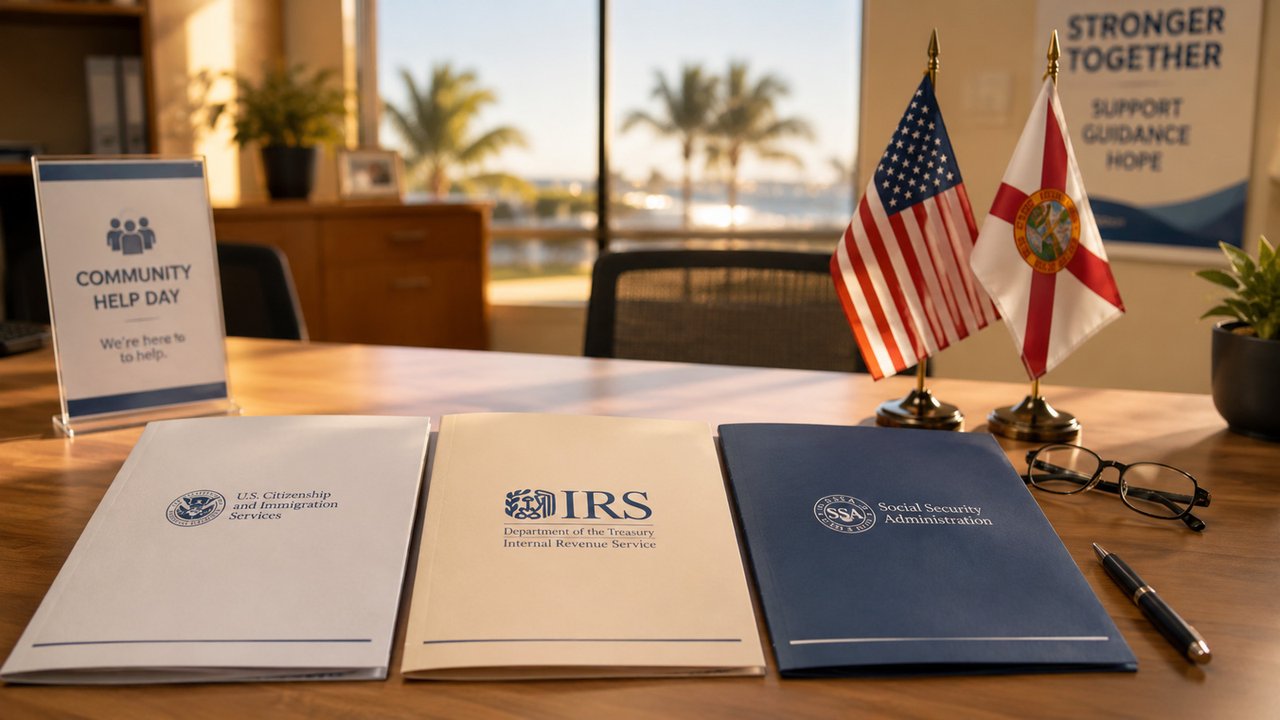 Bandera de Estados Unidos frente a un edificio institucional, en referencia a la jornada de ayuda federal en Hialeah con USCIS, IRS y Seguro Social