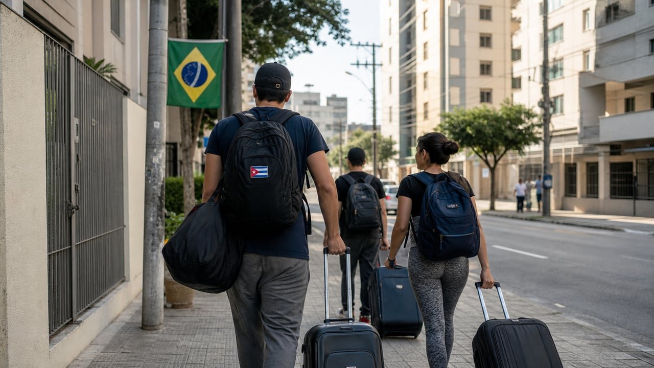 Cubanos con maletas caminando por una ciudad de Brasil, símbolo de la nueva ruta migratoria de la emigración cubana