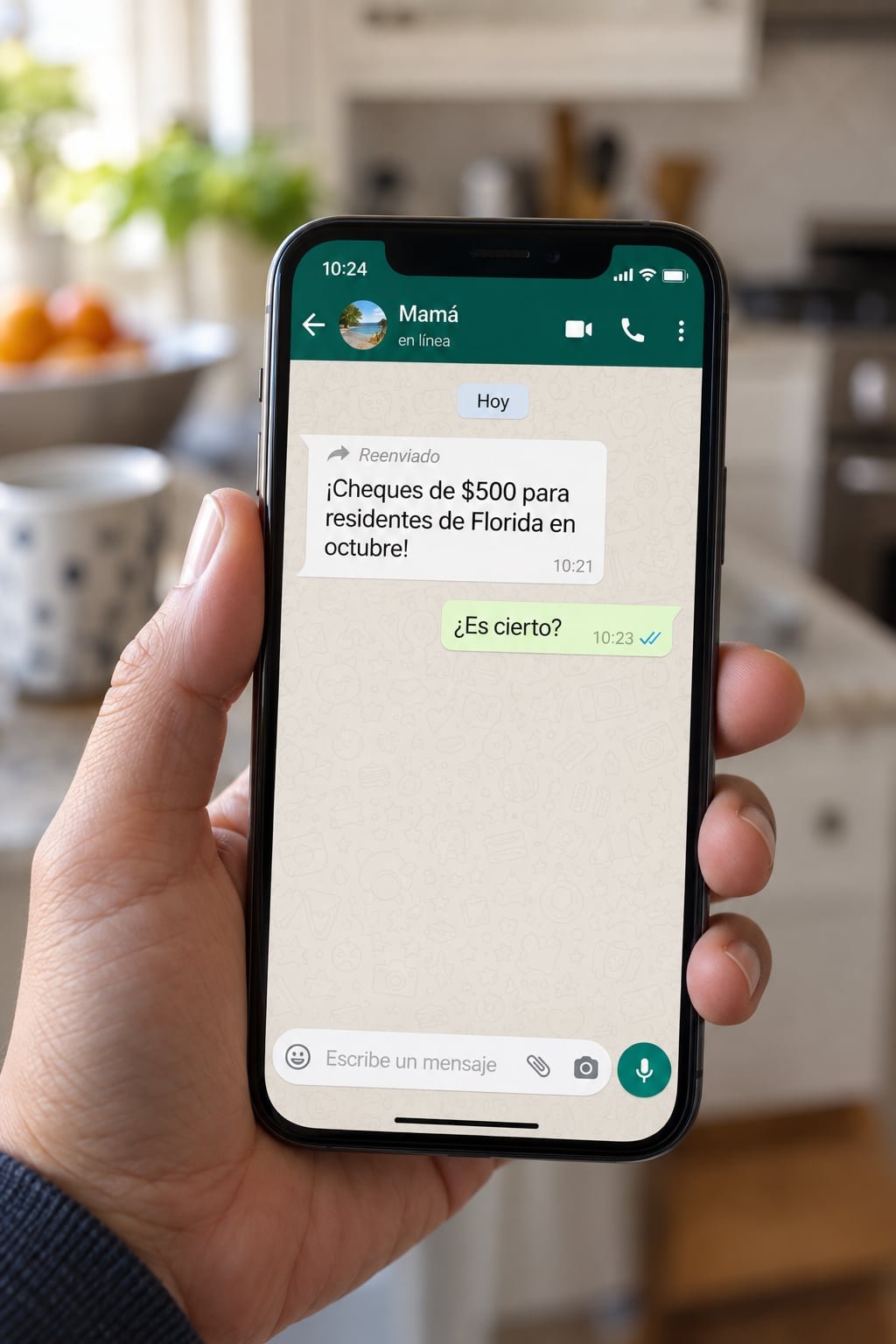 Mano sosteniendo un teléfono con un mensaje reenviado de WhatsApp sobre cheques de 500 dólares en Florida