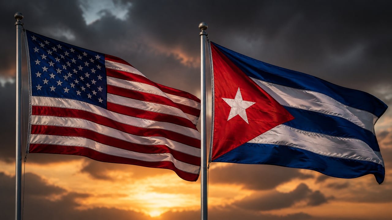 Banderas de Estados Unidos y Cuba ondeando bajo un cielo tormentoso, símbolo de la presión de Washington sobre el régimen cubano