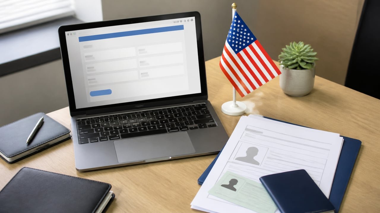 Laptop con formulario migratorio en línea junto a documentos y bandera de Estados Unidos, ilustrando los nuevos trámites electrónicos de USCIS