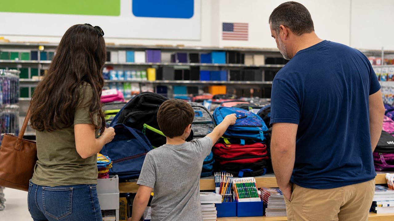Familia comprando útiles escolares durante la exención fiscal escolar de Florida 2026